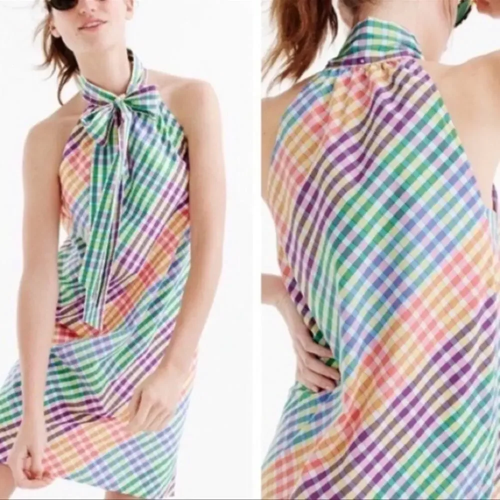 J. Crew Rainbow Gingham Plaid Tie Neck Mini Shift Dress Size Small New